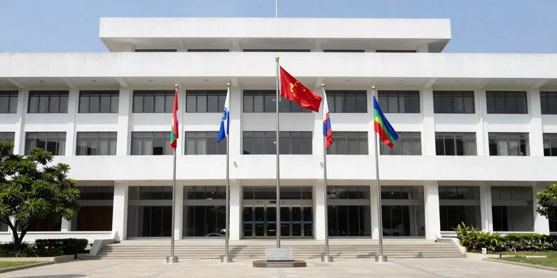 Professional photo of a clean, official-looking building with multiple national flags outside, representing an embassy district. Modern architecture, clear sky, authoritative and secure vibe.