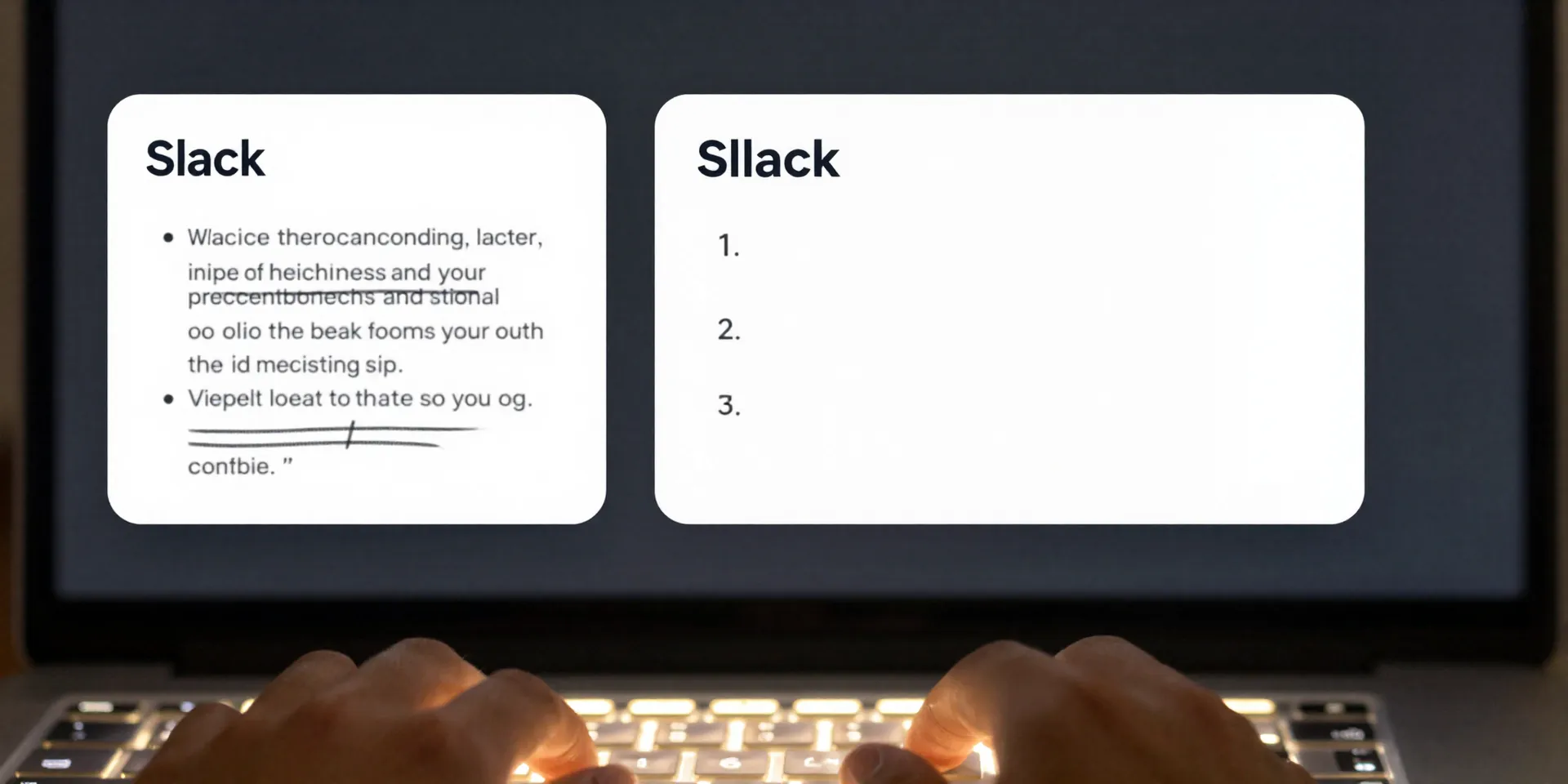 AI Image Prompt for : Two Slack message bubbles on a dark-themed monitor. One shows a messy, long-winded draft. The other
