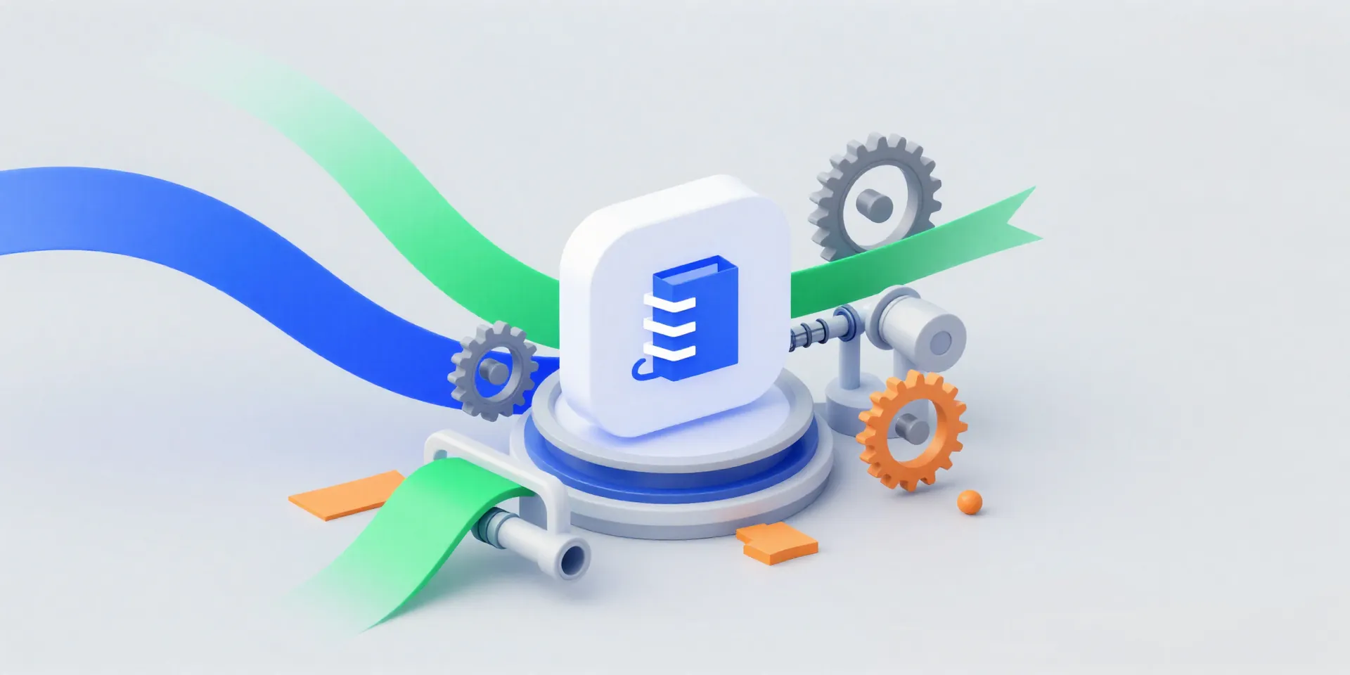 Midjourney Prompt: A conceptual 3D illustration of Zapier's automation. Colorful data streams (one blue for Stripe, one green for Google Sheets, one orange for Google Analytics) flow like ribbons through a simple, elegant mechanical system of gears and pipes, all feeding into a central Airtable 'base' icon. Digital art style, clean lines, isometric view, on a soft grey background. Sense of seamless, intelligent motion.