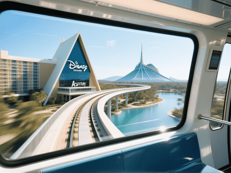 Midjourney Prompt: An elevated view from inside a sleek, clean Disney monorail car. The track curves past the iconic A-frame of Disney's Contemporary Resort, with Space Mountain visible in the hazy distance. Bright daylight, reflective surfaces, dynamic motion blur, joyful and convenient travel vibe.