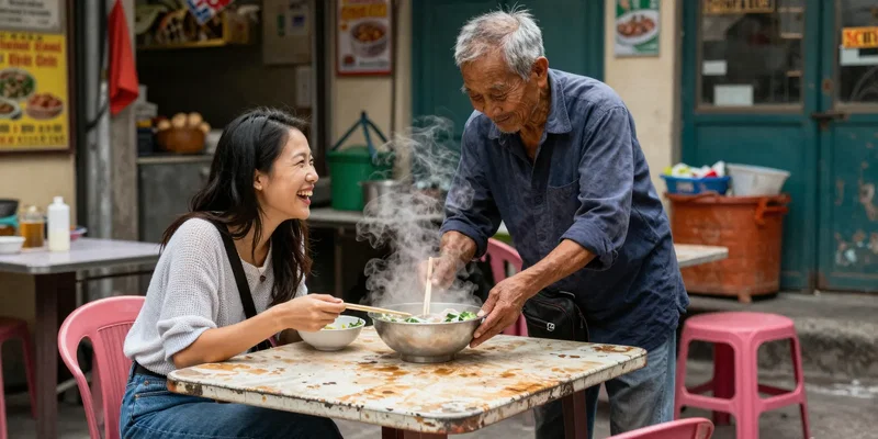 Lifestyle photo, a solo traveler woman sitting at a rustic plastic table at a local street food stall in a non-touristy Hanoi alley, laughing with the elderly vendor, steam from bowls of pho, vibrant but authentic, candid moment --ar 16:9