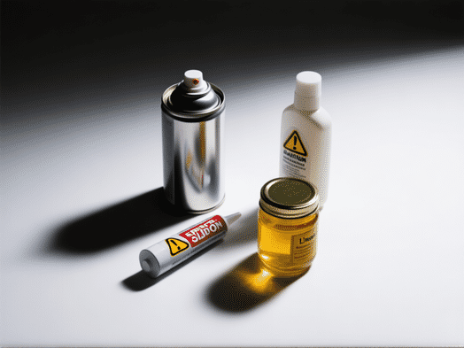 A minimalist, cautionary product shot of common household items against a white background: a can of glossy spray paint, a tube of silicone caulk, a bottle of varnish, a jar of linseed oil. Dramatic, moody lighting. Overhead view