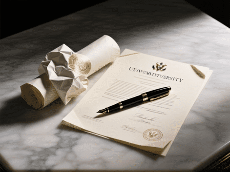 AI image prompt: A symbolic still life, a university diploma elegantly crumpled next to a thick, official-looking translated document with government stamps, a high-end pen resting on top, stark studio lighting on a marble surface, hyperrealistic detail, muted color palette.