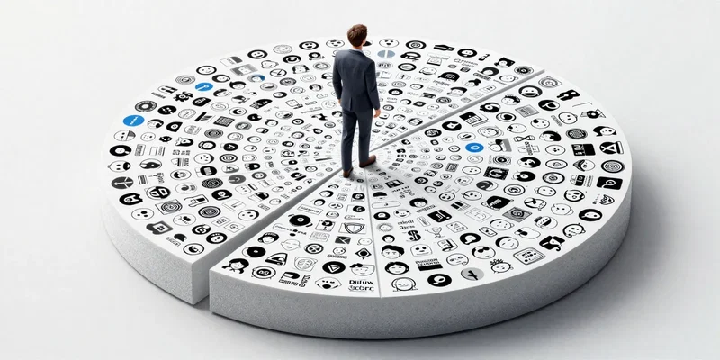 Stable Diffusion Prompt: A clean infographic-style image. A pie chart dominates, but instead of slices, it's made of hundreds of tiny, generic, faceless corporate logos. One single, unique, beautifully detailed human figure is shown stepping away from the chart. Photorealistic, clean background. --ar 1:1