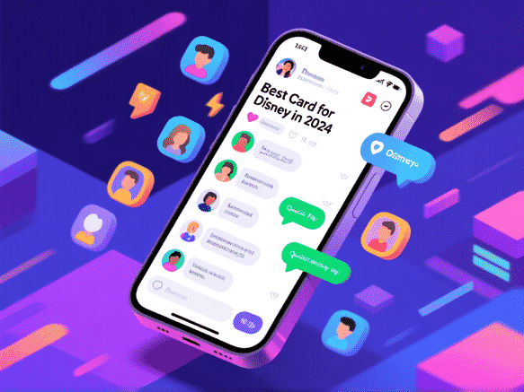 A dynamic phone screen showing a vibrant, fast-moving forum thread titled 'Best Card for Disney in 2024'. Multiple user