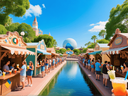 From a low angle looking down Epcot's World Showcase lagoon, lined with charming international festival booths. Each kiosk