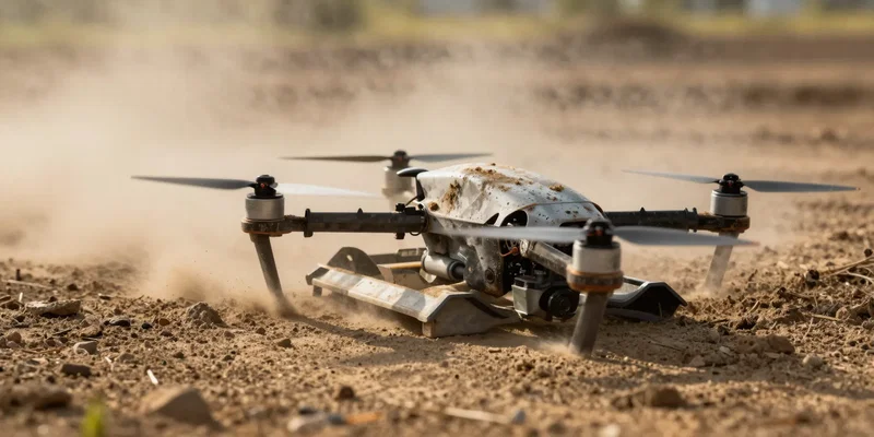 Extreme close up of dusty dirt blowing across an outdoor FPV drone racing track, a battered racing drone resting on the starting pad, gritty texture, golden hour sunlight, photorealistic --ar 16:9 --v 6.0