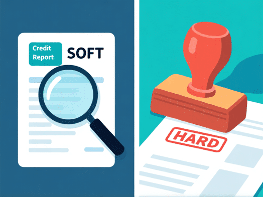 Split-screen visual: Left side shows a gentle magnifying glass over a credit report labeled 'SOFT', right side shows a heavy