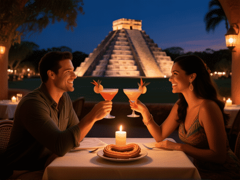 Lush, intimate ambiance at the San Angel Inn restaurant at EPCOT, a couple toasting with exotic cocktails at a candlelit table, the Mayan pyramid lit in the background, a plate of decadent churros with a single candle, romantic low-light atmosphere, warm color palette, cinema 4k