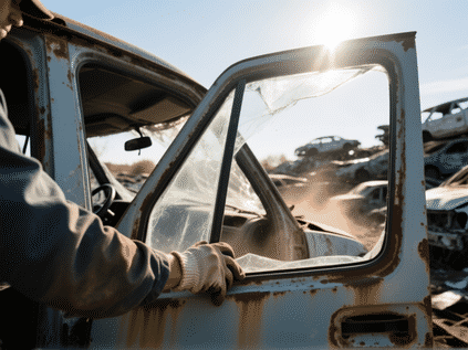 A low-angle shot in a sprawling automobile scrapyard. Focus on a person in work gloves pulling a pristine, undamaged van window from a wrecked vehicle. Sunlight glinting off the glass, atmospheric dust motes. Moody, dramatic lighting, detailed textures of rust and paint. --ar 16:9 --style raw