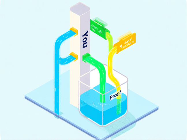 A minimalist, clean infographic-style illustration. A central, sturdy pillar labeled 'You' has multiple, colorful streams of water (blue for retainer, green for project fees, yellow for digital products) flowing into it from different directions, filling a clear glass tank labeled 'Proof'. Isometric view, soft pastel colors, clean lines. Stable Diffusion.