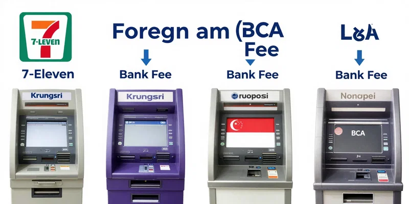 A stylized infographic collage of Asian ATM screens: Japanese (7-Eleven), Thai (purple Krungsri), Singaporean (green DBS), Indonesian (blue BCA). Icons show a 'Foreign Card Fee' and a 'Bank Fee' adding up. Graphic design, informative, clean.