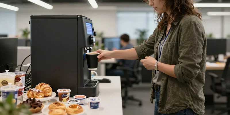 Midjourney/SD Prompt: A dynamic, slightly chaotic open-plan office scene. A focused person in casual office wear grabs a black coffee from a commercial machine, ignoring pastries and creamer pods on the counter. Cinematic lighting, shallow depth of field. --ar 16:9