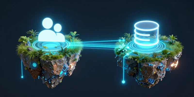 Glowing digital data streams connecting two floating isometric islands, one island has a form icon, the other has a database icon, cyberpunk style, unreal engine 5 render --ar 16:9