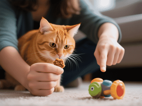 A person's hand with a treat held in a closed fist, a curious ginger cat sniffing the hand. The person's other hand
