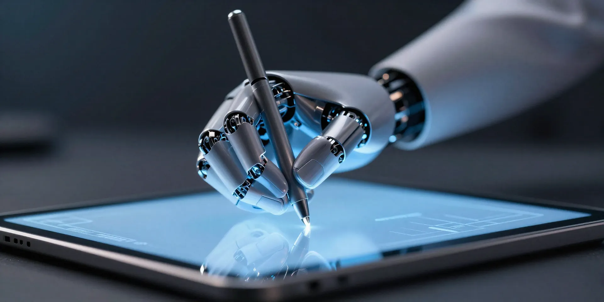 Midjourney Prompt: A sleek robot hand effortlessly signing a glowing digital tablet, cyberpunk aesthetic, macro photography, shallow depth of field --ar 16:9