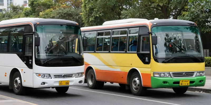 A split-image concept. Left side: a sleek, modern bus with air conditioning. Right side: a colorful, local 'non-tourist' bus with open windows. Both on the same street. Contrast in style, photorealistic --ar 16:9
