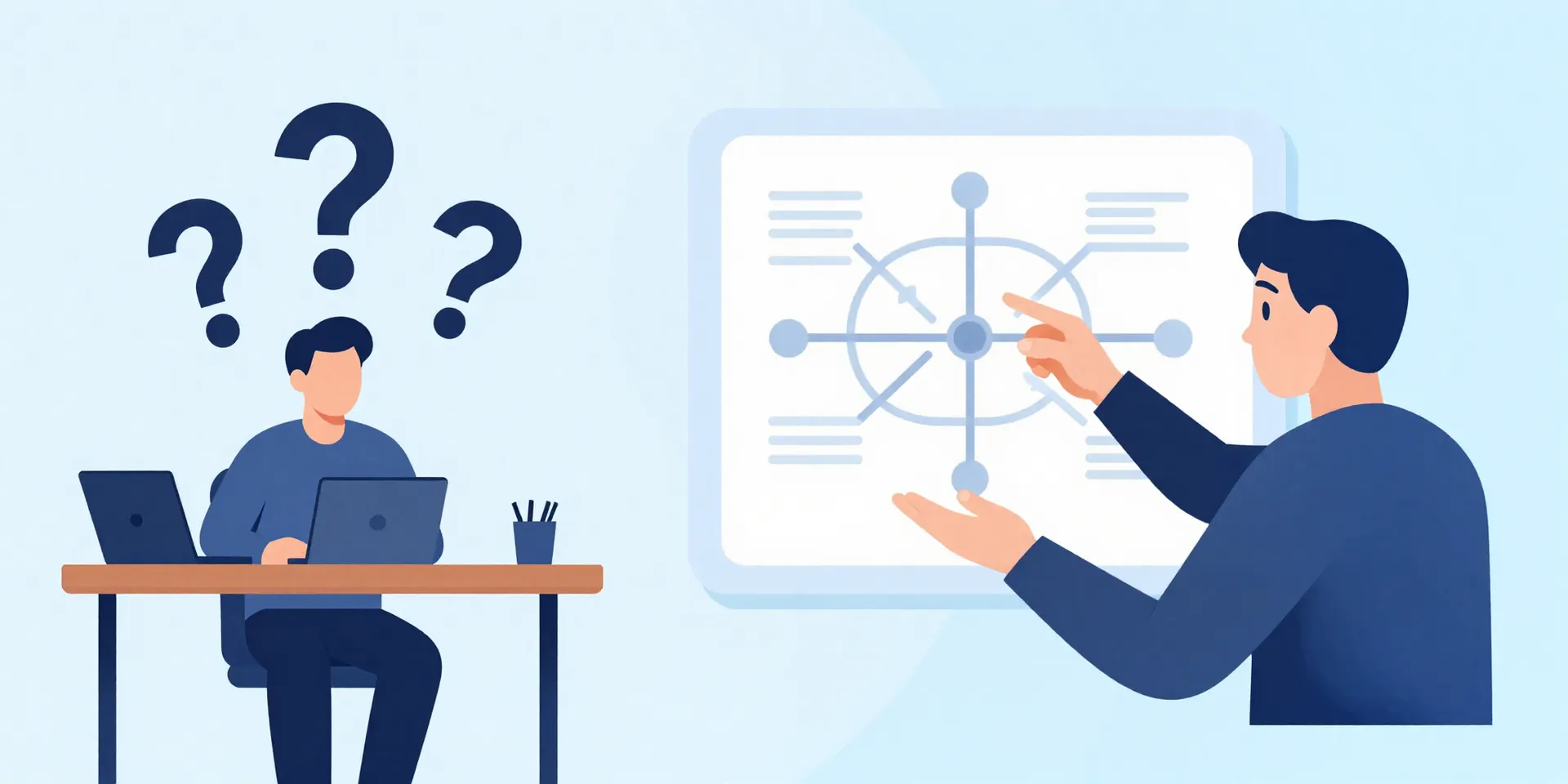 Midjourney prompt: Split image, left side shows a person alone at a desk with question marks overhead, right side shows the same person with a mentor pointing at a clear roadmap on a tablet, symbolic, clean vector art --ar 16:9