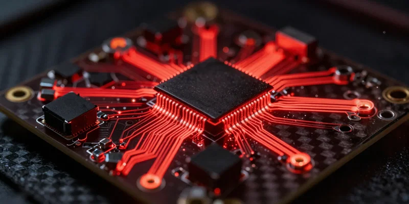 Macro photography of a glowing hot electronic circuit board on a carbon fiber surface, glowing red heat signature, cyberpunk aesthetics, extreme detail, 100mm macro lens, sharp focus --ar 16:9
