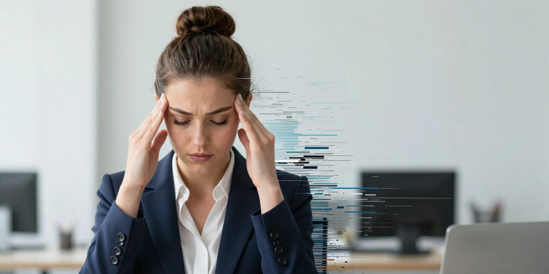Professional photo, a woman with a perfect bun and blazer is holding her temples, but a visual glitch effect distorts half her face and shoulder into pixelated static, clean office background, contrasting reality and digital breakdown --ar 16:9
