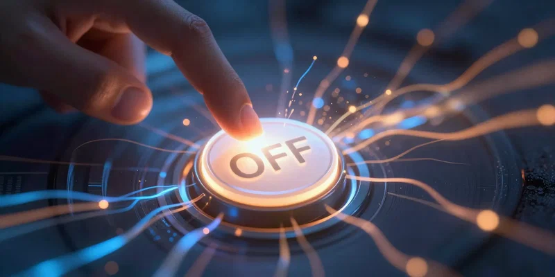 AI Image Prompt: A symbolic, powerful image of a glowing, futuristic 'OFF' button being pressed by a finger, with digital tendrils of light and code receding from it, blue and orange light contrast, sci-fi aesthetic, macro shot.