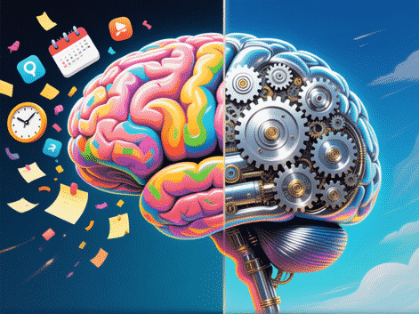 Human brain, one half is colorful and chaotic with icons of calendars, clocks, and reminder notes flying out, the other half