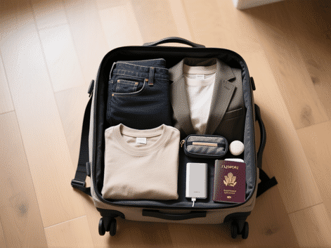 Midjourney prompt: Top-down, flat-lay view of a minimalist, open carry-on backpack perfectly packed. Contents: rolled dark jeans, two neutral t-shirts, a versatile blazer, a compact toiletry kit, a slim power bank, and a passport. Style: clean, minimalist aesthetic, soft natural lighting on a wooden floor, hyper-detailed, sharp focus. --ar 16:9