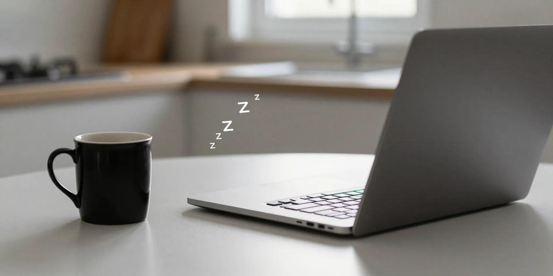 A minimalist kitchen counter scene at dawn: a single black coffee cup next to a laptop, with tiny cartoon 'z's rising from the keyboard, soft morning light, shallow depth of field, simple composition