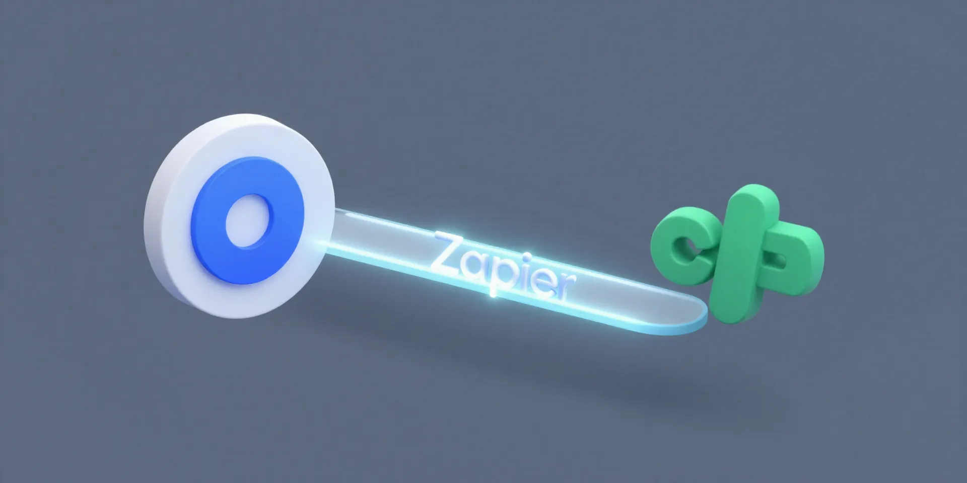 A simple, clean 3D animation showing the Airtable logo and Slack logo connected by a glowing, pulsating bridge labeled 'Zapier', minimalist design, isometric view --ar 16:9