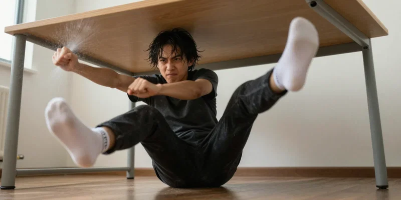 AI Image Prompt: Low-angle shot from under a standing desk. A developer with socks on is shaking out their arms and legs vigorously, like a wet dog. Dynamic motion blur on the limbs, sharp focus on the determined, slightly silly expression. --style raw --ar 16:9