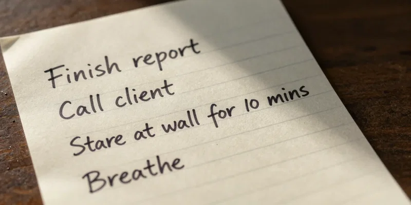 AI Image Prompt for Midjourney: A handwritten to-do list on a crumpled napkin. Tasks include 'Finish report' and 'Call client' but also 'Stare at wall for 10 mins' and 'Breathe'. Warm afternoon light, authentic film grain. --style raw --ar 4:3