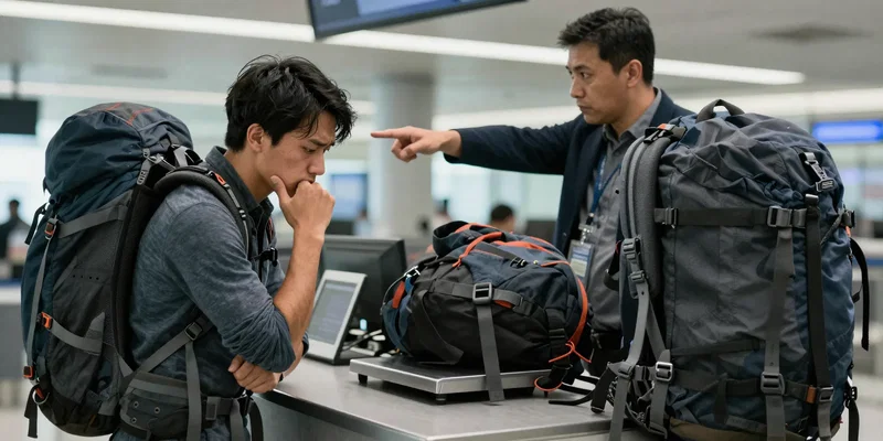 Hyper-realistic image of a weary backpacker at a check-in counter, a stern agent pointing to a crowded, oversized backpack on a scale, dramatic airport lighting --ar 16:9 --style raw --v 6.0