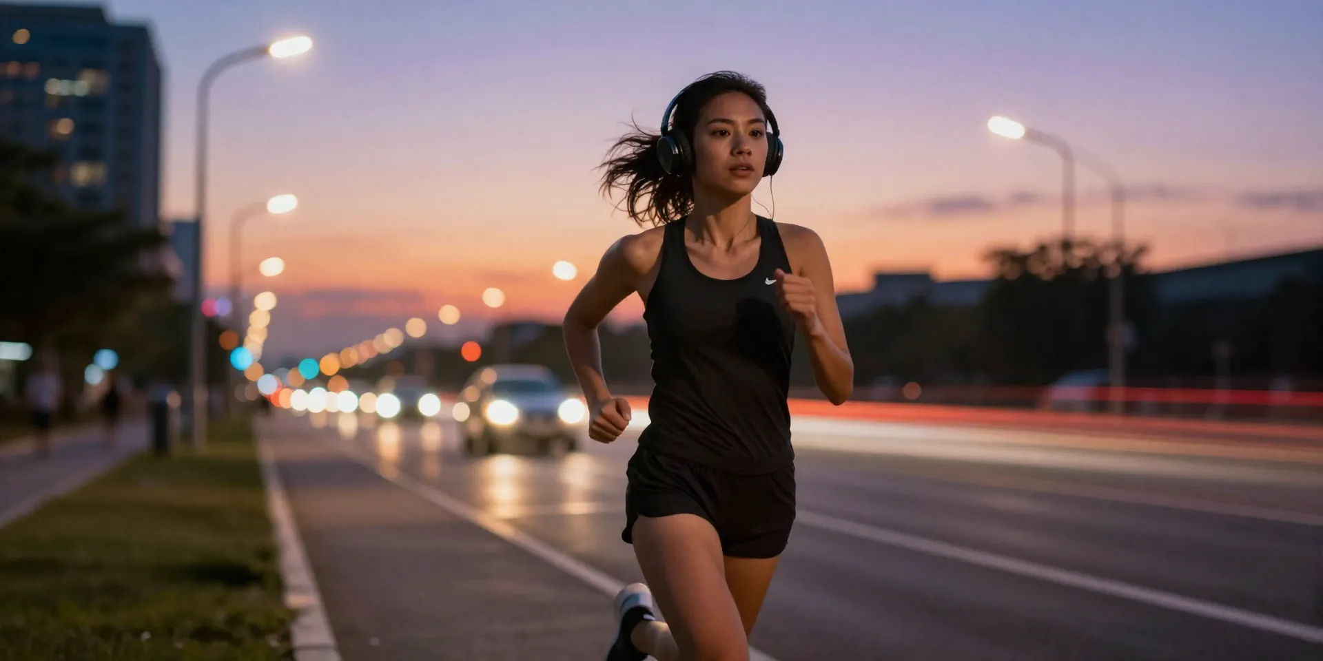 Midjourney prompt: A woman running on a city path at dusk, neon streetlights and glowing headlights creating light trails. She's in motion, relaxed but strong expression, wearing headphones. Cinematic, vibrant sunset colors, sense of urban energy