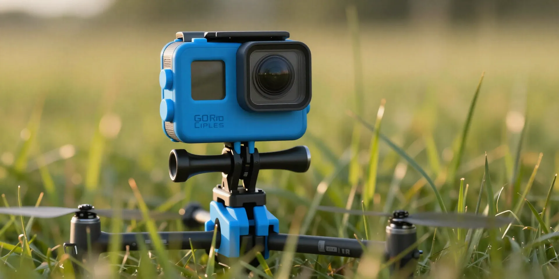 Midjourney Prompt: FPV drone sitting in the grass, featuring a custom 3D printed bright blue GoPro mount holding an action camera at an aggressive 30-degree upward angle. Golden hour lighting, shallow depth of field, sharp focus on the mount --ar 16:9