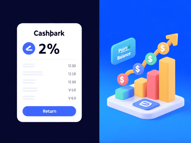 Split-screen image: Left side shows a minimalist cashback statement with 2% return highlighted. Right side shows a vibrant