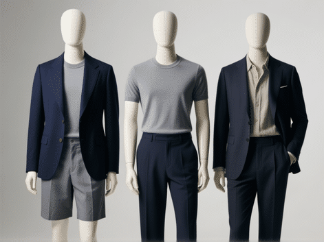 Fashion shot, three mannequins displaying outfits) A tailored navy blazer over a grey merino tee and chino shorts