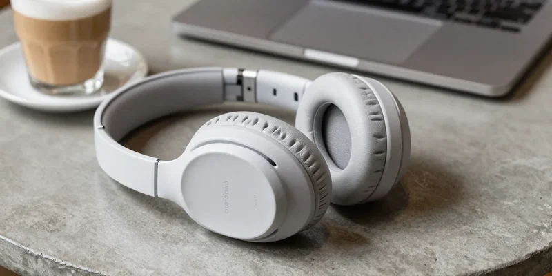 Photorealistic product shot, isolated on a polished concrete cafe table next to a latte and MacBook. Headphones must show incredible detail: plush memory foam ear cushions, sleek minimalist matte finish, subtle branded engraving. Studio lighting, focus stacking, macro lens details.
