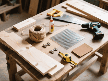 Professional flat-lay photo, top-down view on a rustic wood workshop table. All materials for the project are neatly arranged: pre-cut birch plywood, pine boards, a roll of sisal rope, stainless steel mesh panels, small hinges, a cordless drill, a saw, wood glue, sandpaper, and a tape measure. Soft daylight, shallow depth of field. --ar 16:9 --style raw