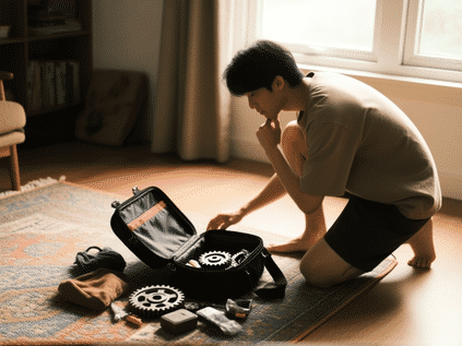 Hands-on hip, looking thoughtfully at a open gear bag, items laid out on a rug, dynamic pose, from a window, candid moment