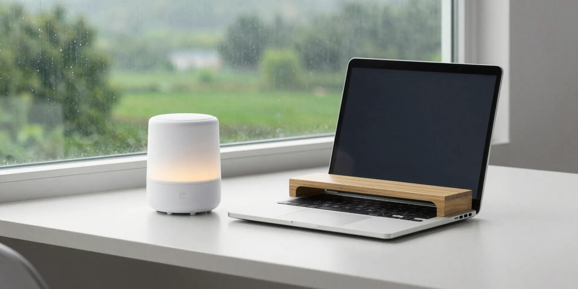 A minimalist, clean desk setup with a silver laptop on a bamboo stand for airflow. A small, sleek USB-powered dehumidifier glows softly beside it. In the background, a rain-streaked window overlooks a lush, green landscape. Style is modern, calm, and functional.