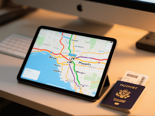 A colorful route map on a tablet screen, showing lines from cities like Denver, Phoenix, Minneapolis converging on Los