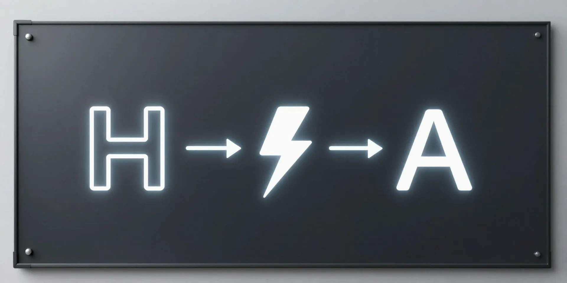 A clear, minimalist flow diagram on a dark glass board: a stylized 'H' connects to a 'Z' icon via a lightning bolt, which connects to an 'A' icon. Clean vector graphics, techy, glowing lines, sharp focus, professional setup.