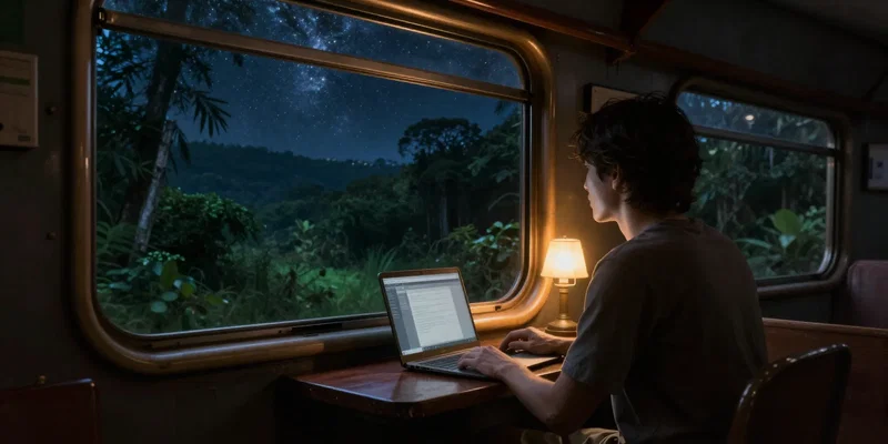 AI Image Prompt: person sitting by the window on a rustic, moving night train, laptop open but ignored, looking out at a stunning starry sky over a dark jungle landscape, warm glow from a reading light, romantic, moody, photorealistic, --ar 16:9
