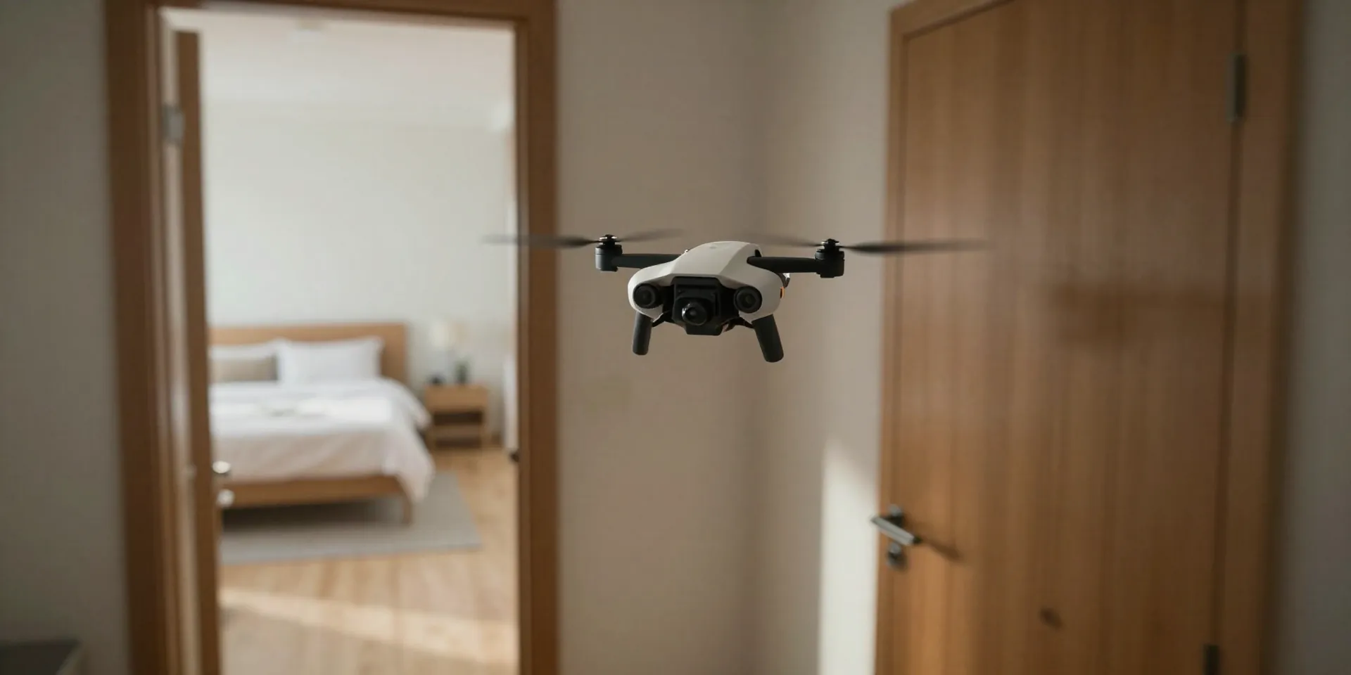 First-person view from a drone flying through a wooden doorframe into a spacious sunlit bedroom, smooth motion blur, cinematic lighting, wide angle lens effect, realistic architectural photography