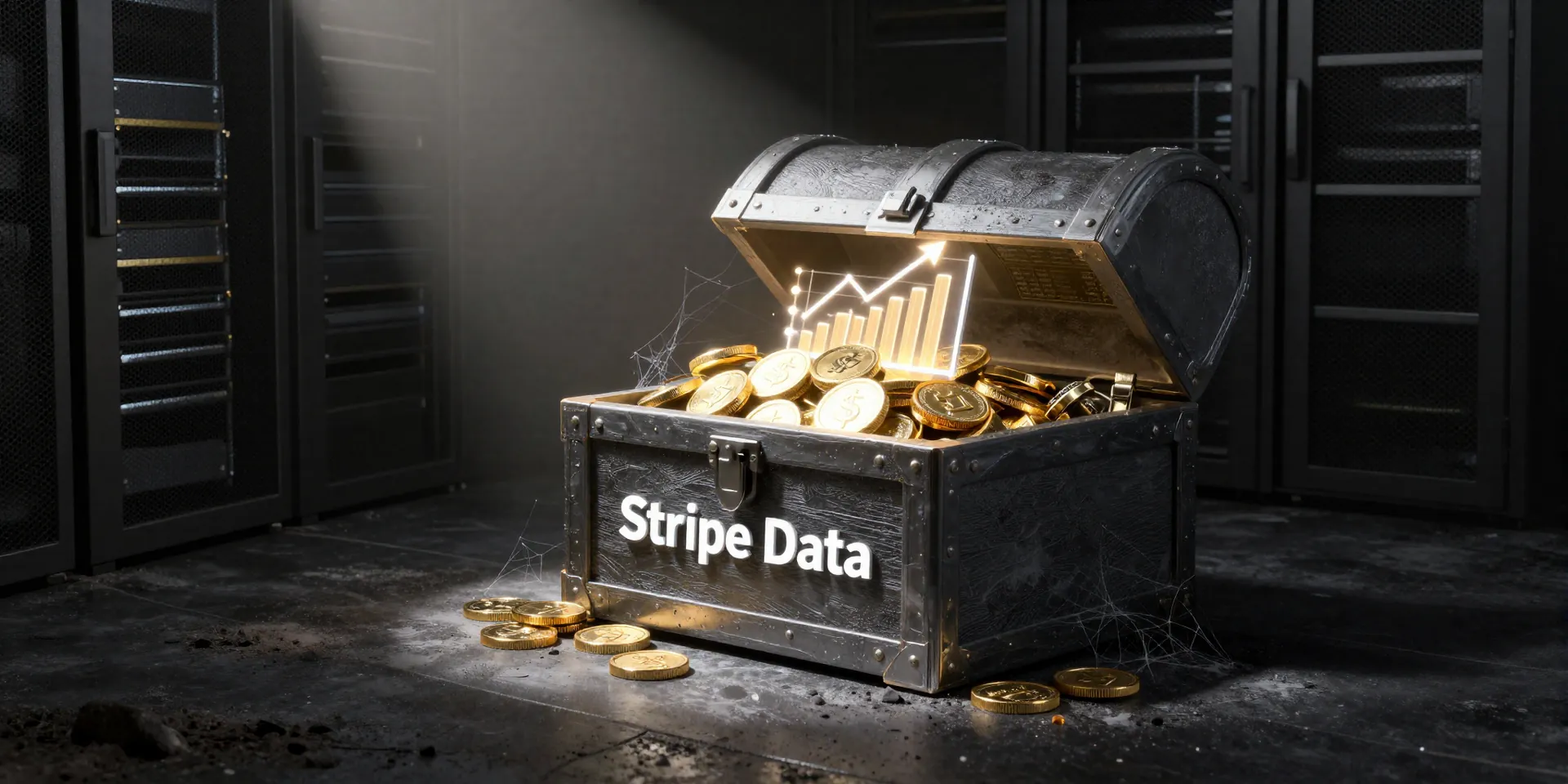 3D render, a treasure chest labeled 'Stripe Data' overflowing with glowing coins and graphs, but the chest is in a dark, dusty server room with cobwebs, a single beam of light illuminating it, minimalist design, clear visual metaphor