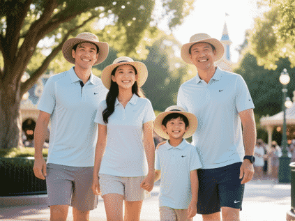 Wide-angle shot of a family at Disney, showing practical, light-colored breathable clothing like moisture-wicking polo shirts, tech shorts, and wide-brimmed hats. Sunlight filtering through trees, everyone looks comfortable, not overheated. Hyperrealistic style --v 6.0