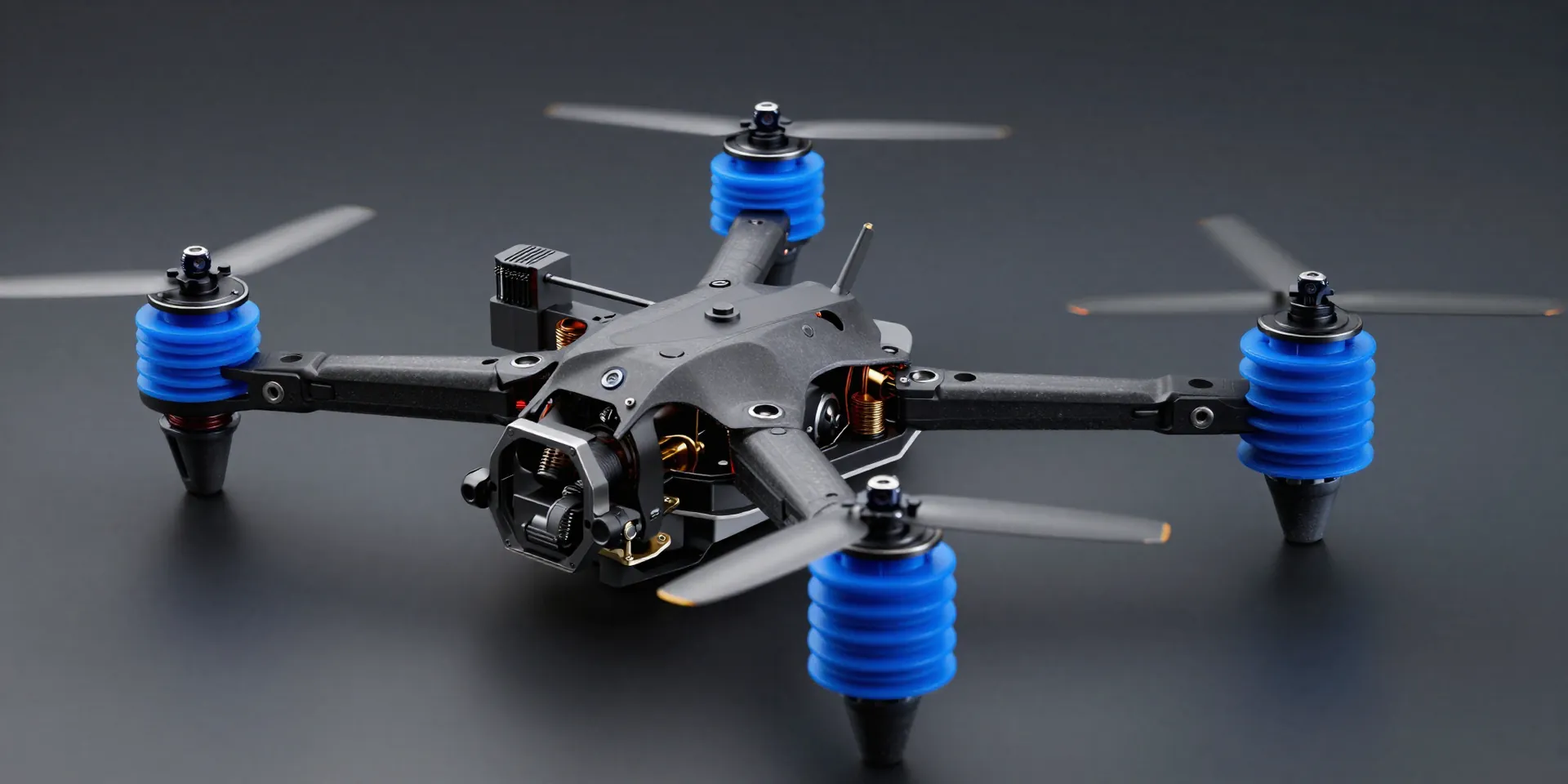 Exploded view of an FPV drone showing bright blue silicone vibration damping standoffs, high tech engineering render style, hyper-detailed --ar 16:9
