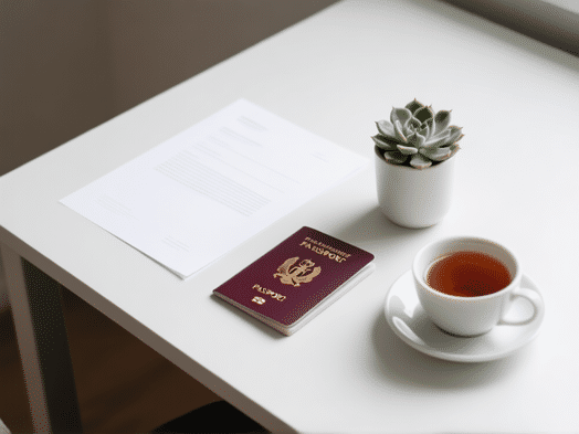 An overhead shot of simple, clean documents and a passport on a desk, next to a succulent plant and a cup of Georgian tea. Clean, minimalist aesthetic. Sharp focus. Style: Modern flat lay photography.