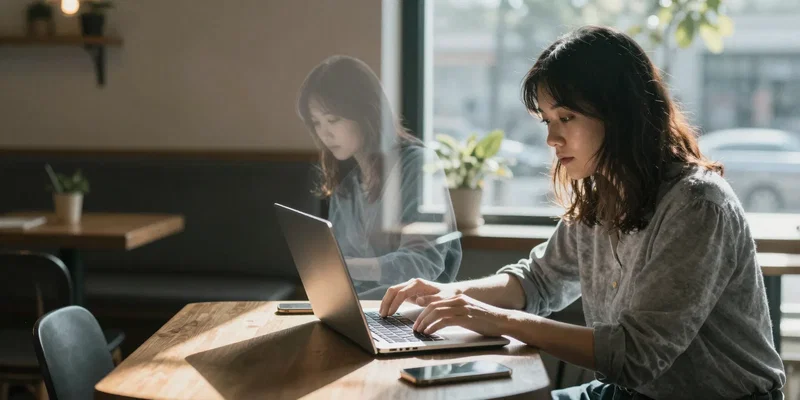 A remote worker at a sunny cafe, laptop open, but a ghostly, transparent version of themselves is still typing at their home