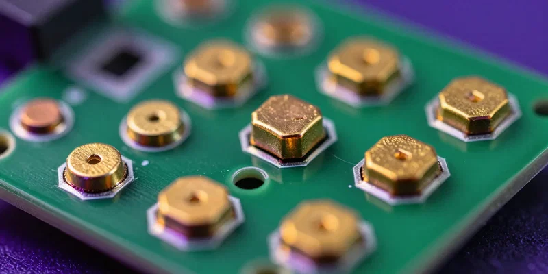 Extreme close up of large gold plated solder pads on a green PCB flight controller, shallow depth of field, neon cyberpunk lighting, macro photography --ar 16:9